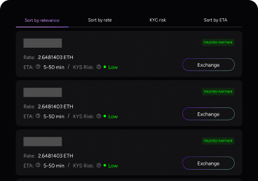 Browse through top exchanges and compare rates, ETA, and KYC-policies to select the platform that best suits your trading needs and offers the best deal for your crypto pair